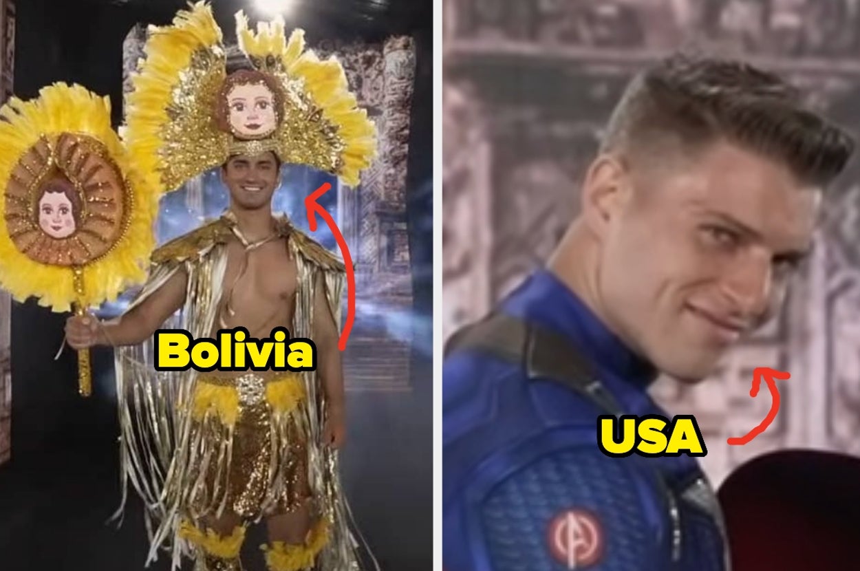 Two people in creative costumes: one in a Bolivian-inspired sun outfit, and another in a superhero-like suit labeled "USA," both smiling at a camera