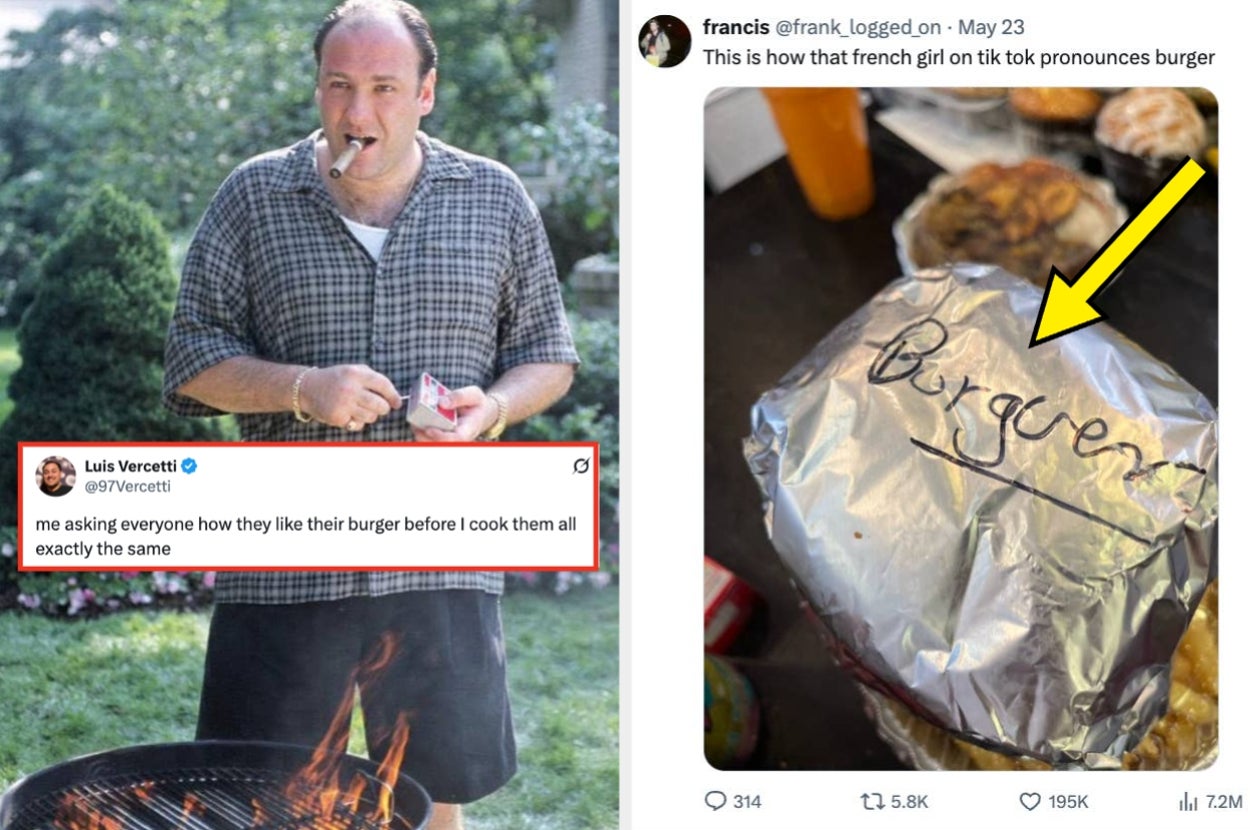 Man grilling food in casual attire with a humorous tweet about cooking style; adjacent image shows wrapped burger with text comparing pronunciation