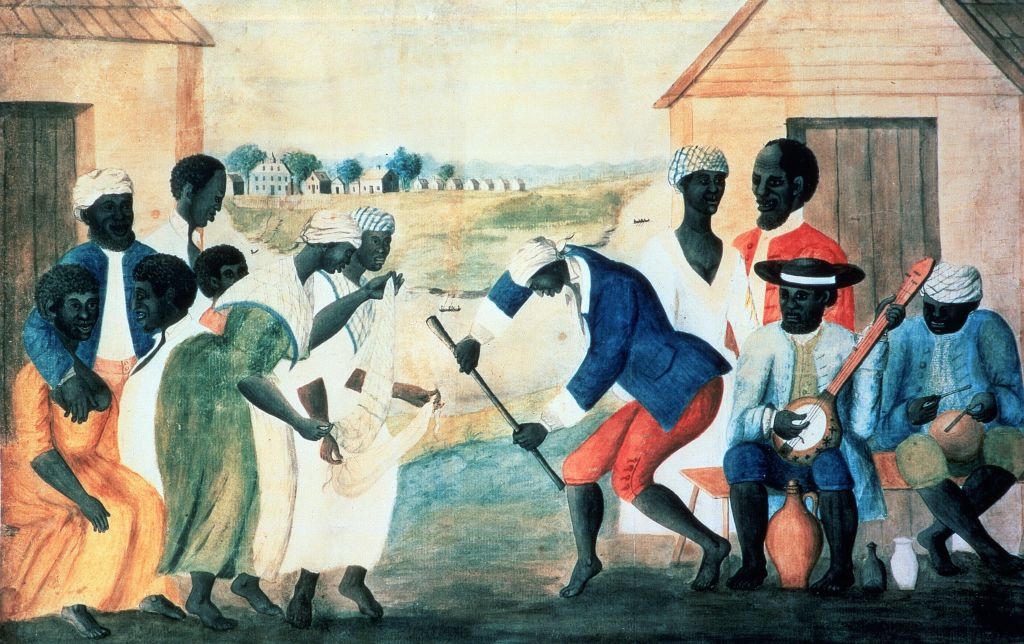 Historical painting of people in a rural scene, engaging in activities like playing instruments and socializing. It's a lively, communal gathering