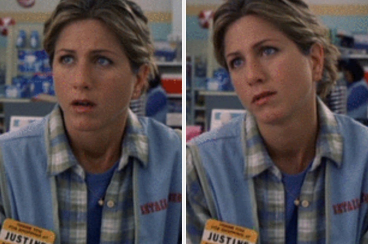 A person wearing a plaid shirt and vest with a name tag looks surprised and thoughtful while working in a store