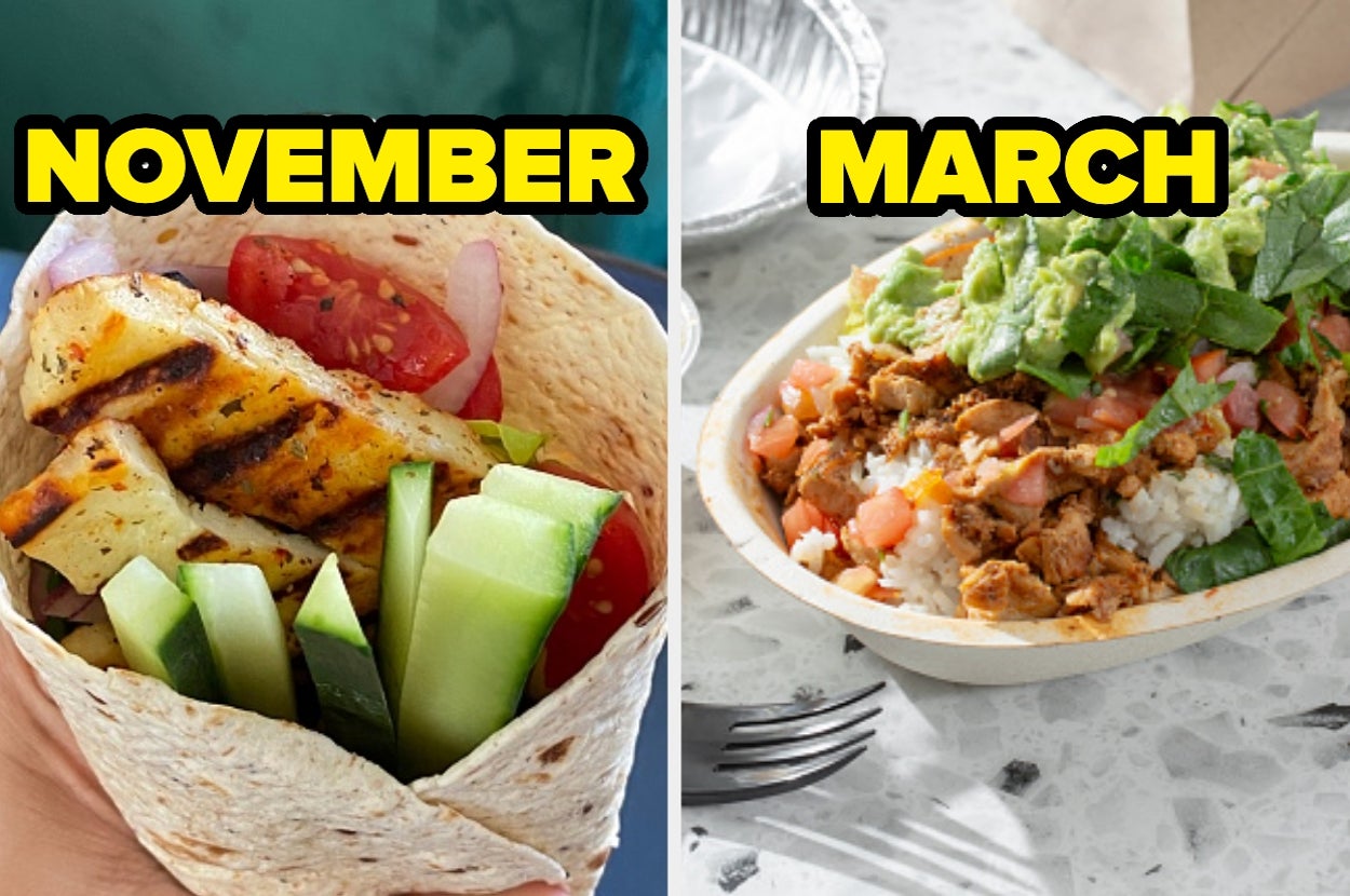 Left: Vegetable wrap with grilled haloumi, cucumber, tomato. Right: Bowl with rice, chicken, guacamole, lettuce, tomatoes labeled "MARCH."