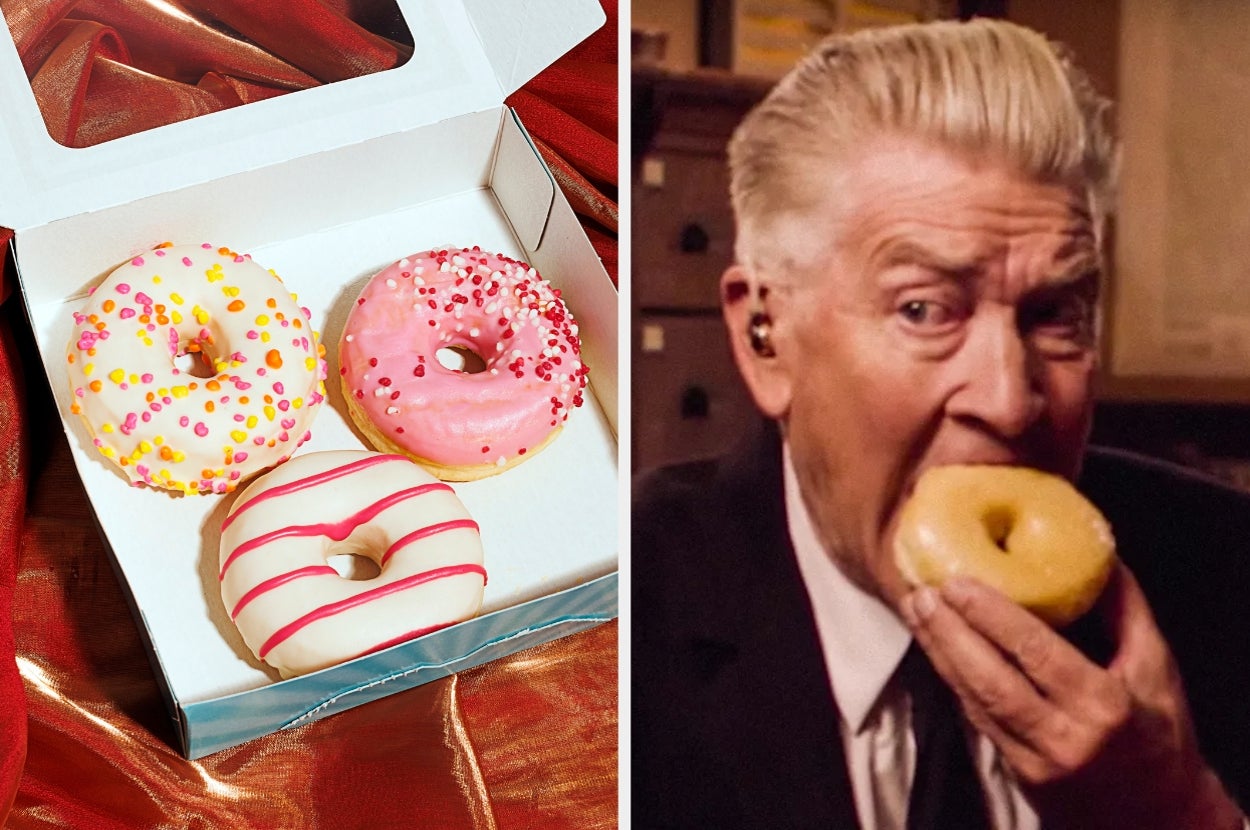 Three donuts in a box on left, man eating a donut on right