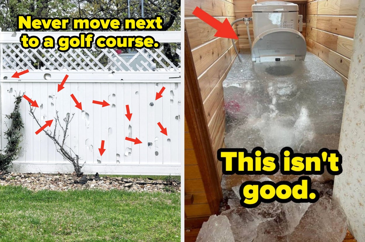 Split image: Left shows a white fence with golf ball holes; right shows a bathroom with ice-covered floor and toilet. Text: "Never move next to a golf course" and "This isn't good."