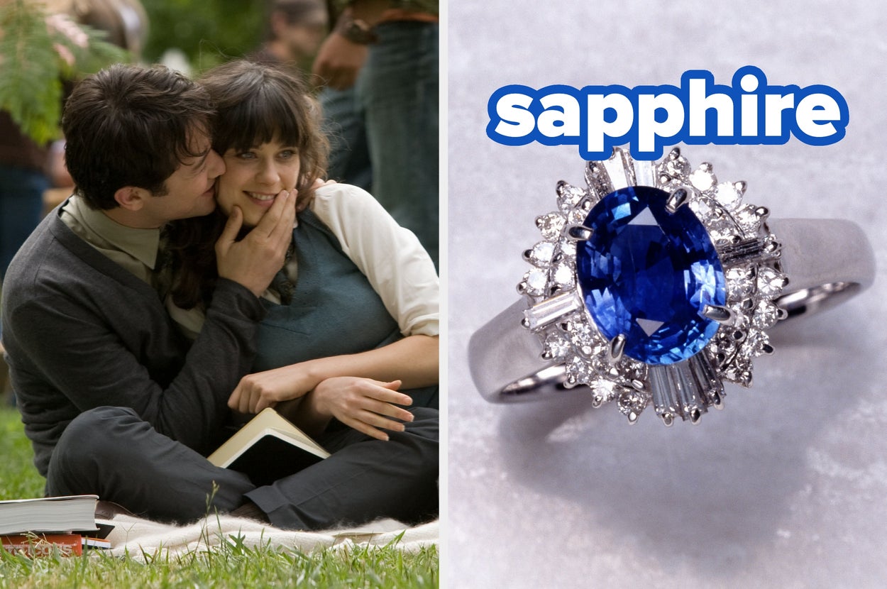 On the left, Zooey Deschanel and Joseph Gordon Levitt sitting on a blanket in the grass, Joseph kissing Zooey on the cheek as Summer and Tom in 500 Days of Summer, and on the right, a sapphire ring