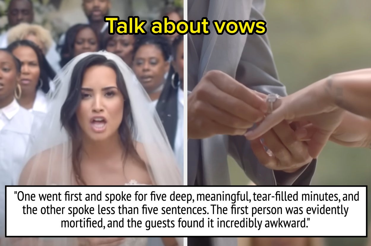 Bride looks upset while groom places ring on her finger. Caption above: "Talk about vows." Below: One vows with depth, the other briefly, causing awkwardness