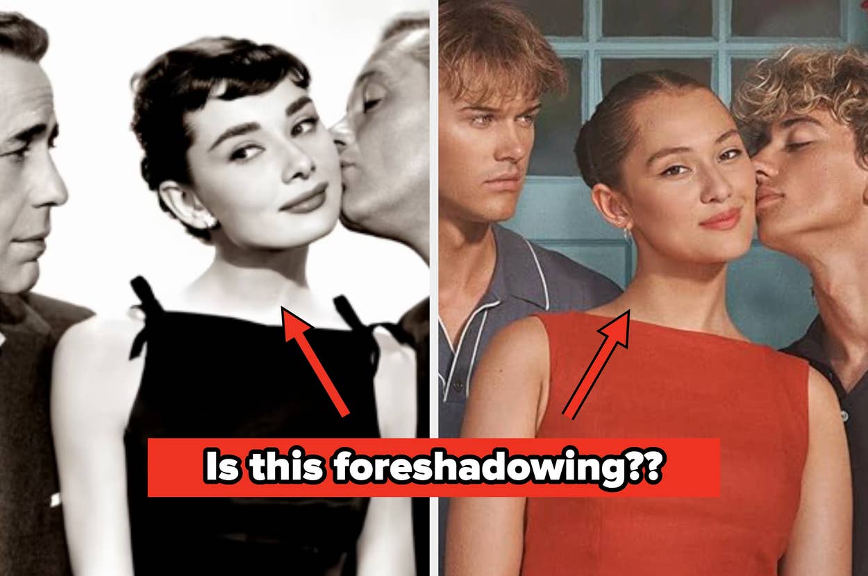 Two images side-by-side show people with affectionate expressions; one features a vintage style, the other modern attire