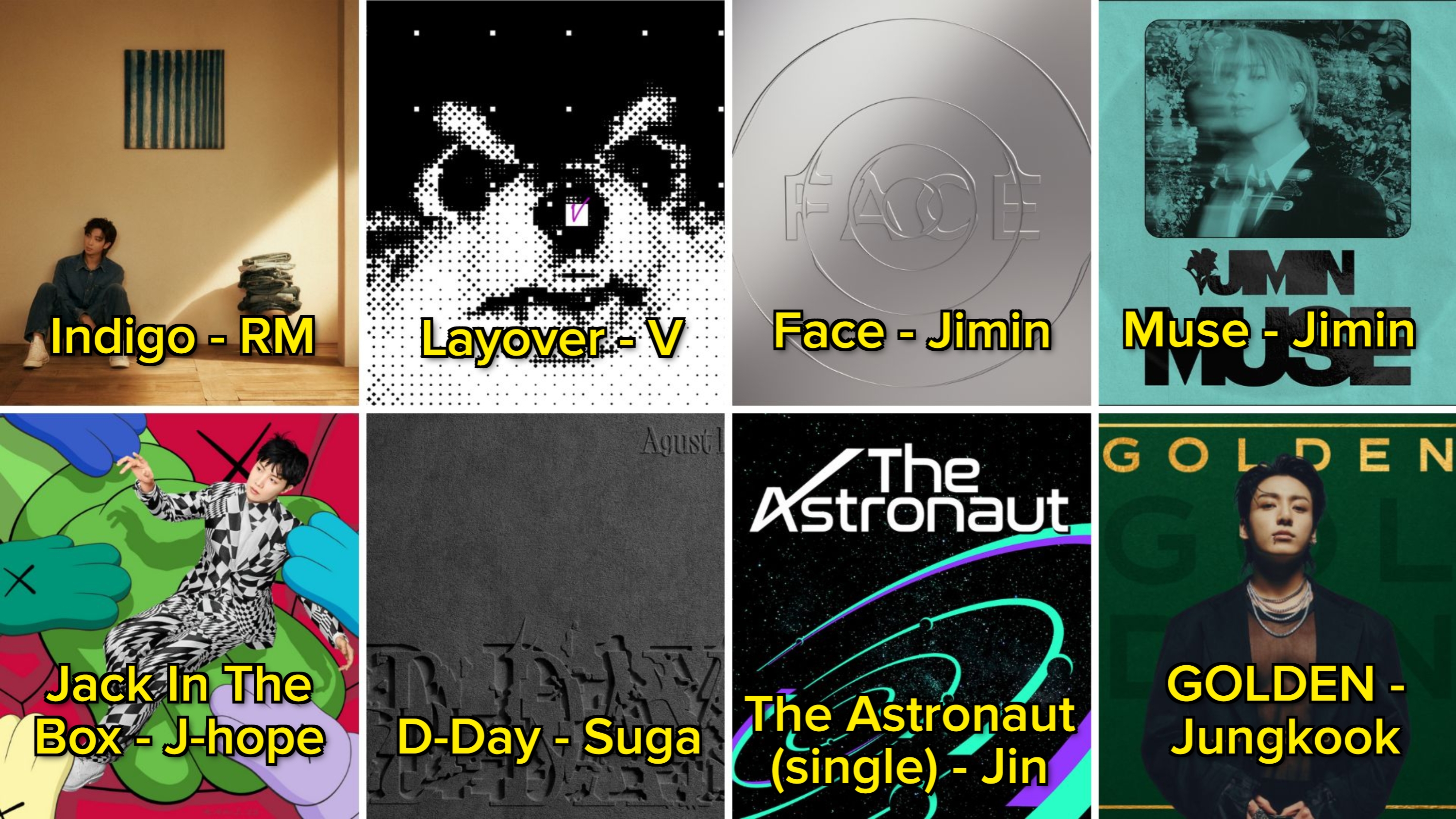 A collage of eight music album covers, each with unique designs and artistic styles