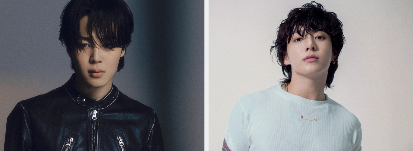 Two individuals are posing; the left is wearing a leather jacket, and the right is wearing a textured knit top