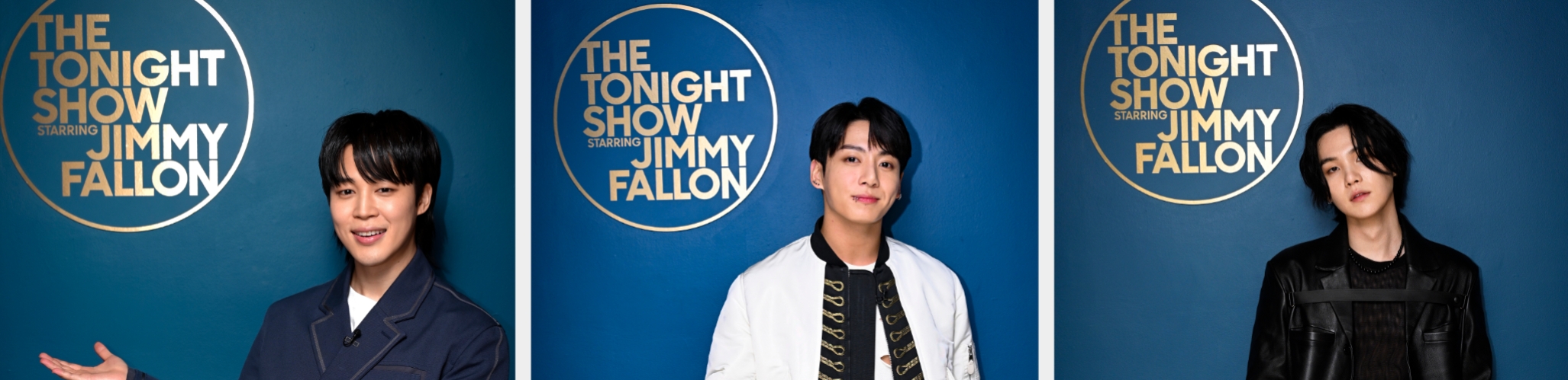 Three individuals at "The Tonight Show Starring Jimmy Fallon" wall, each wearing distinct stylish outfits, posing for photos