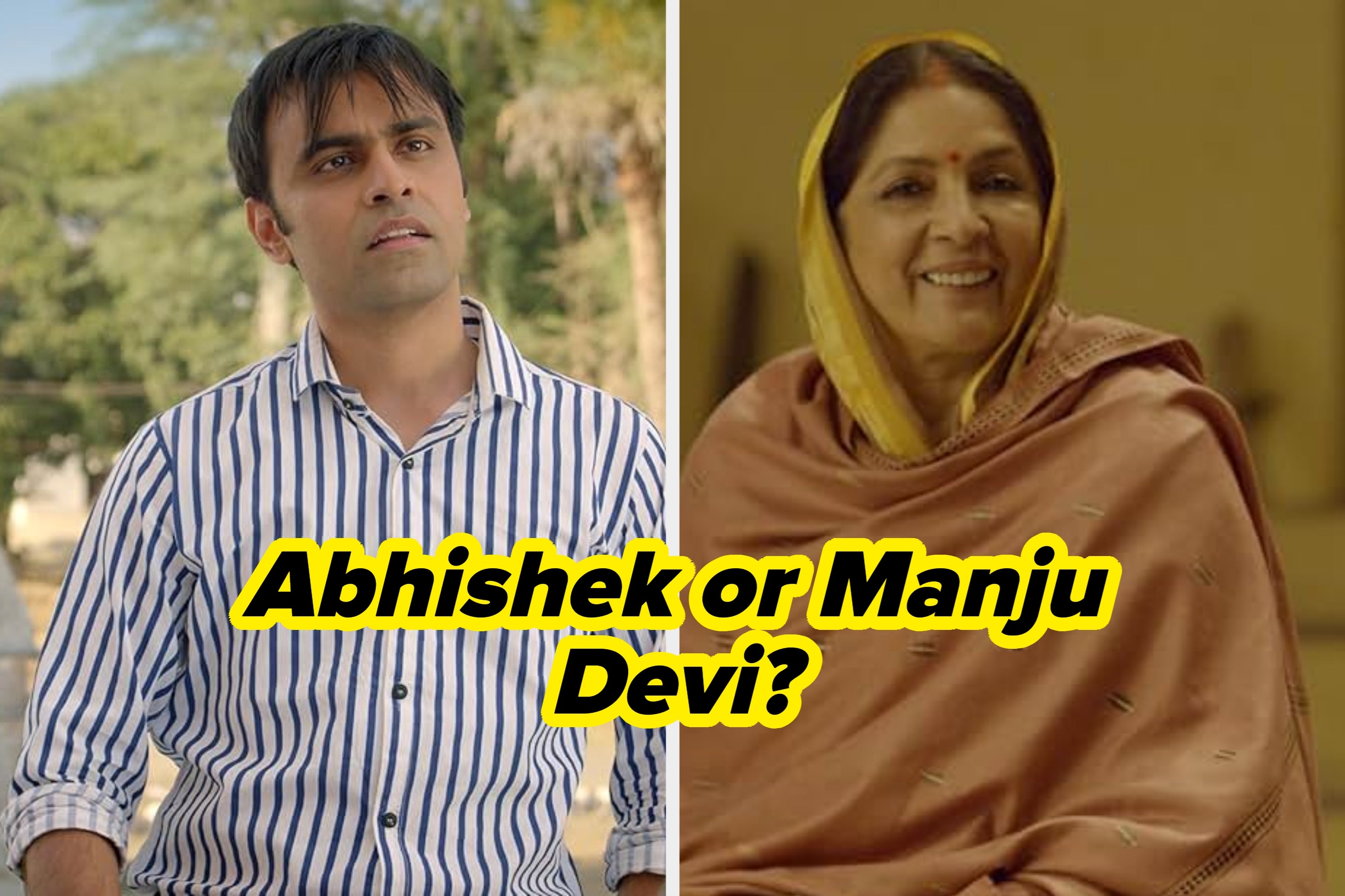 Three people indoors, with one man studying, shielding himself from water with a folder. Text reads: "Abhishek or Vikas?"