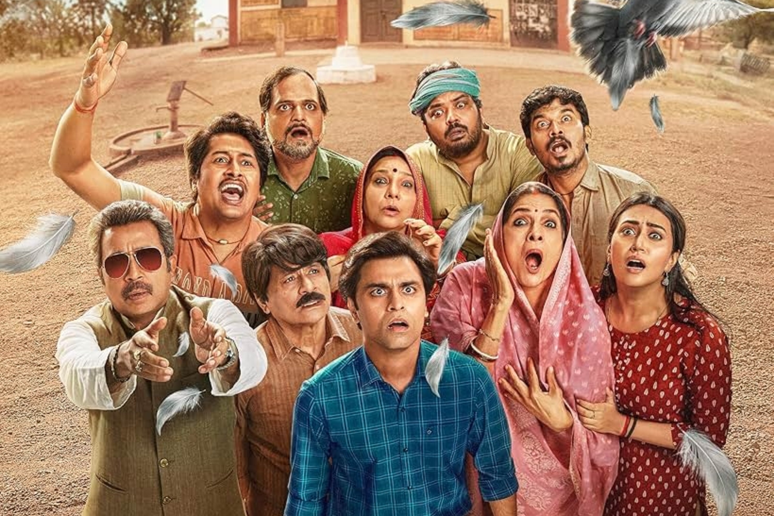 Poster for "Panchayat" shows characters looking surprised with a building in the background and birds flying. New season streaming on Amazon Prime May 28
