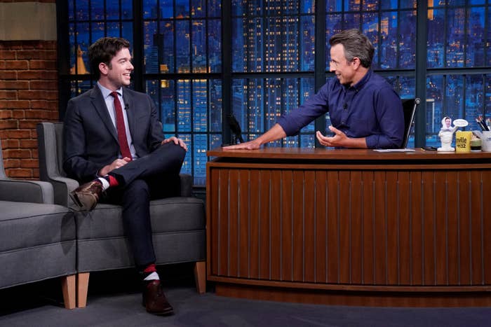 John Mulaney during an interview with Seth Meyers in 2021