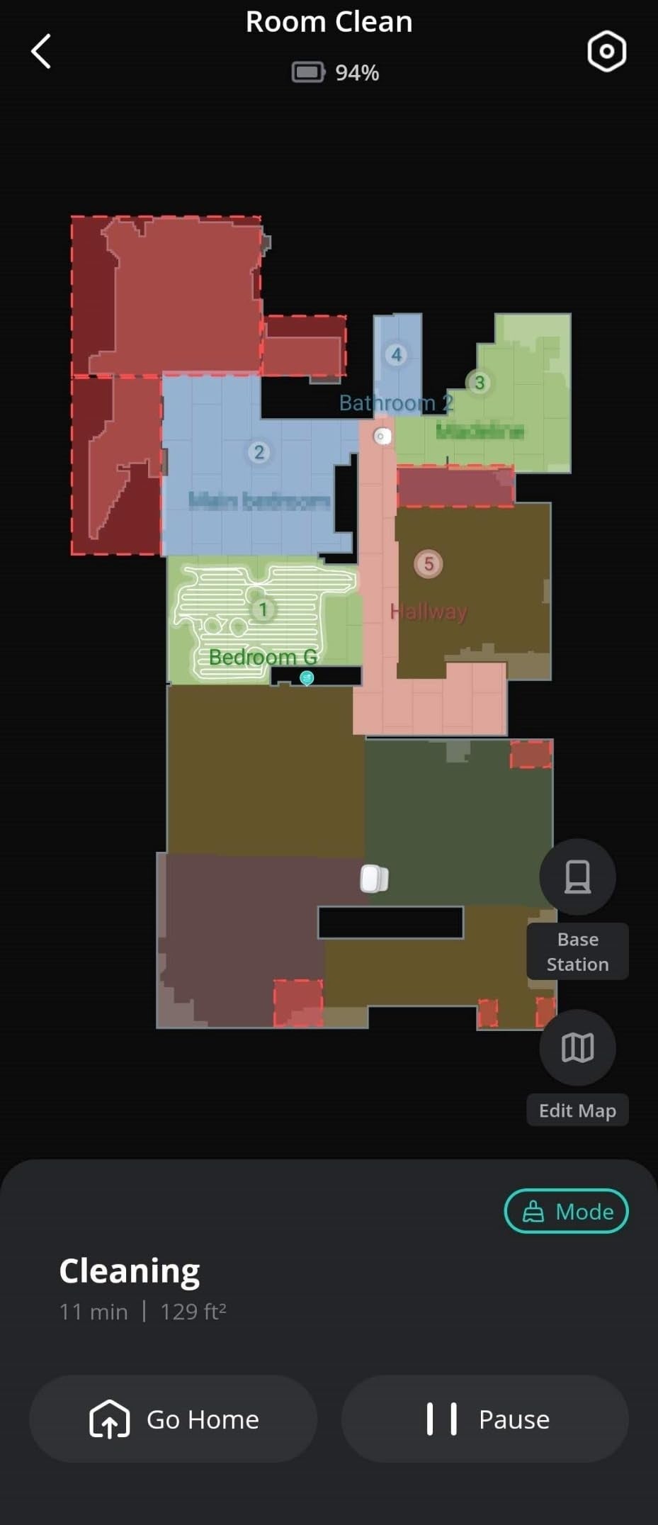  11 min, 129 sq ft cleaned. Options see  Go Home, Pause, and Edit Map