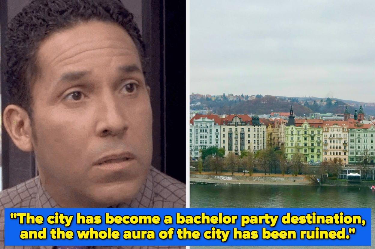 Split image: On the left, a concerned person; on the right, a scenic city view with a river. Text reads: "The city has become a bachelor party destination."