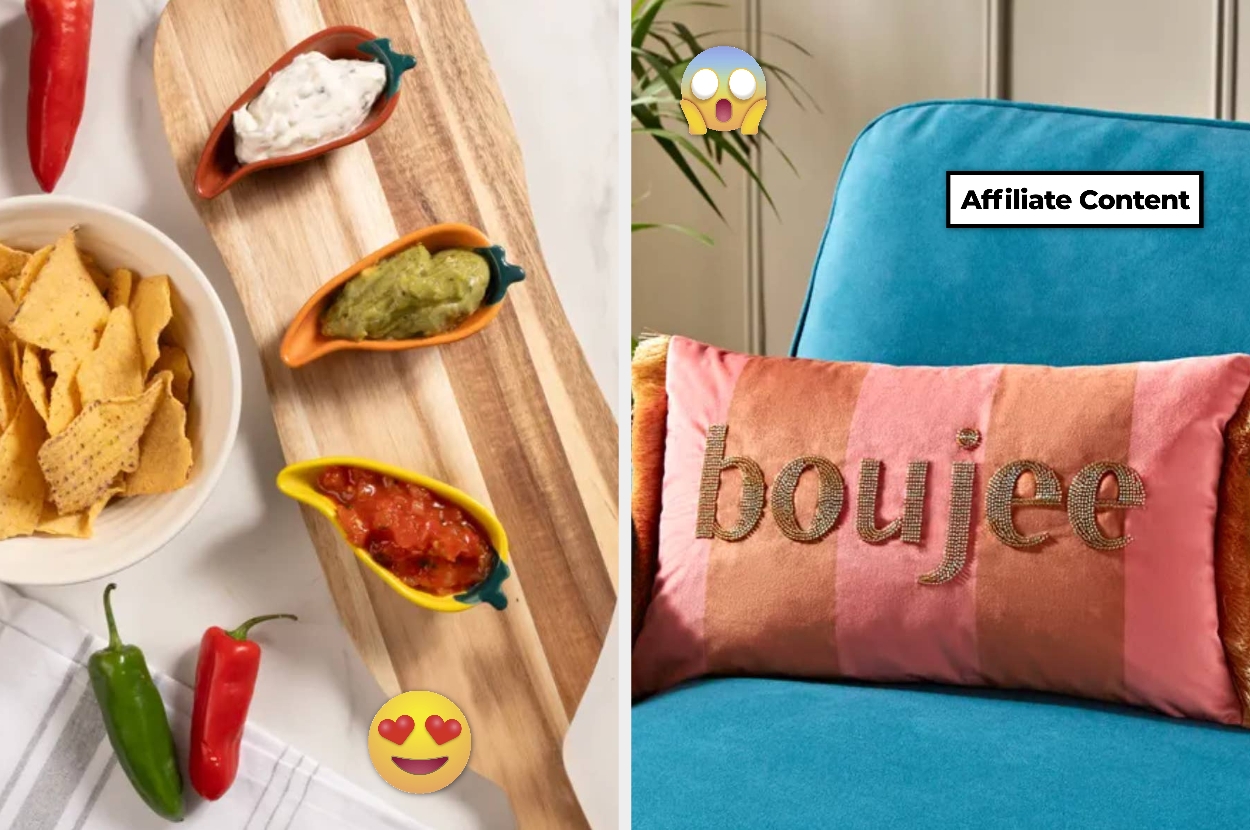 Left: Three dips on a wooden board with tortilla chips. Right: Pink and orange pillow with "boujee" on a blue chair. Emojis on both sides