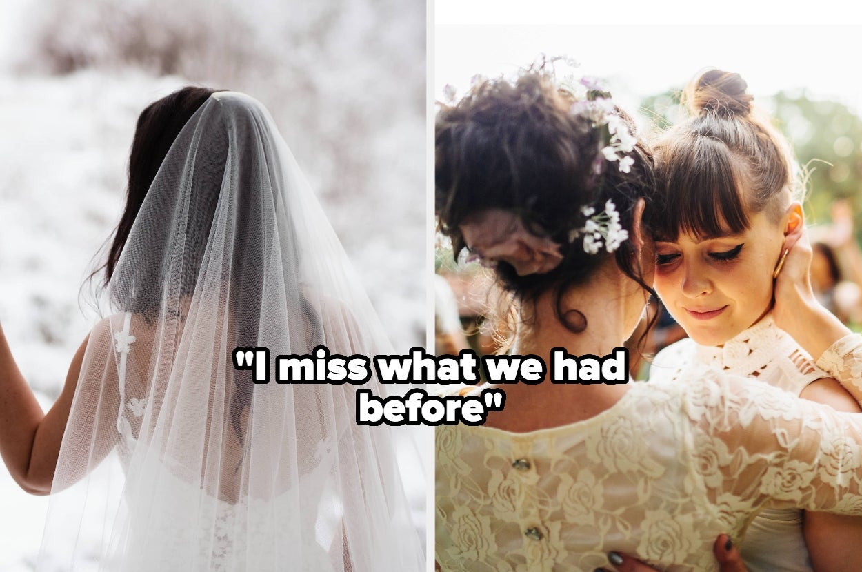 Two brides embracing with text overlay: "I miss what we had before."