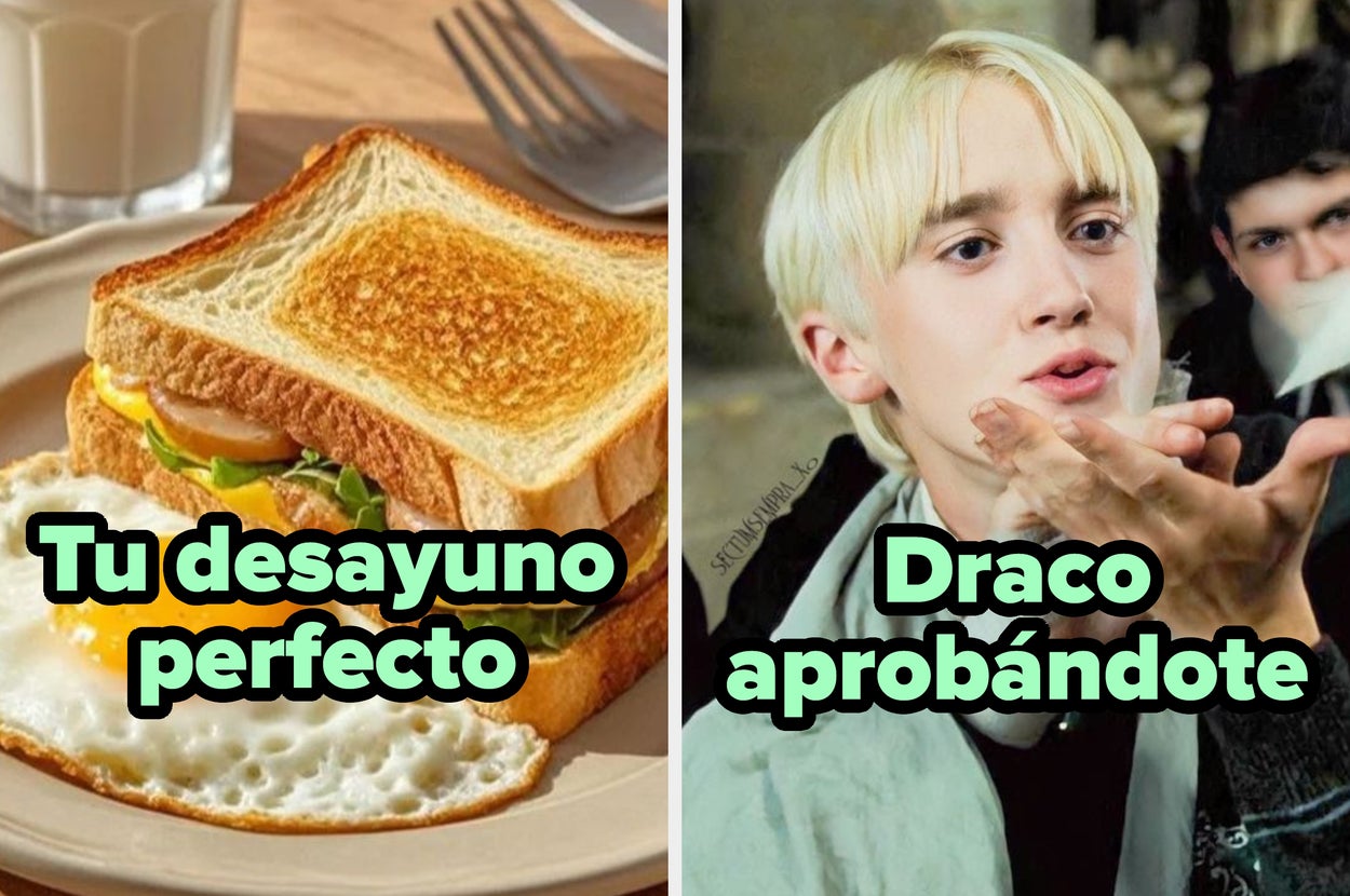 Sándwich con huevo frito a la izquierda, personaje soplando un beso a la derecha con texto: "Tu desayuno perfecto", "Draco bien enamorado"