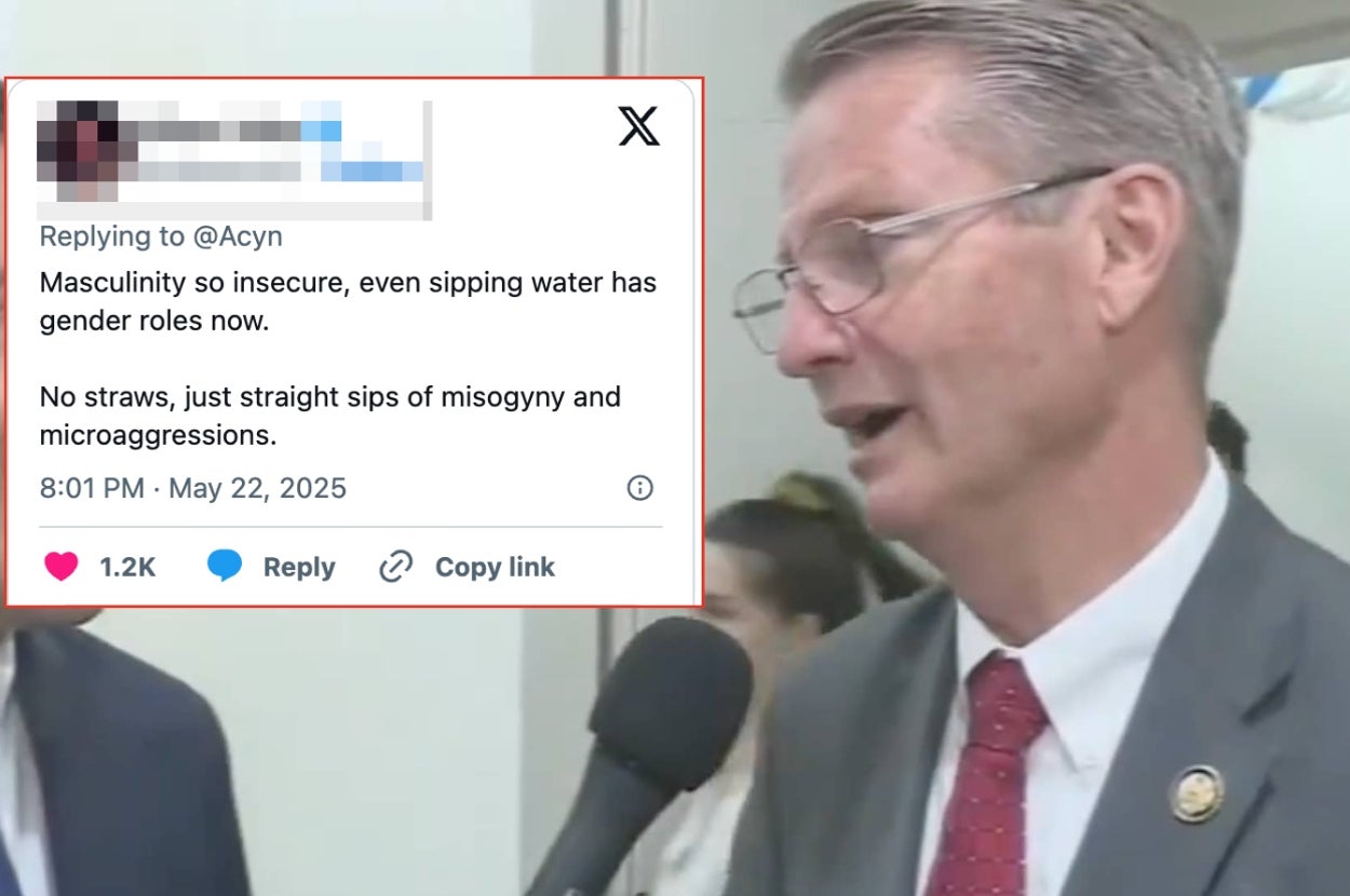 A tweet overlays an interview scene. The tweet criticizes the idea of masculinity by joking about water having gender roles