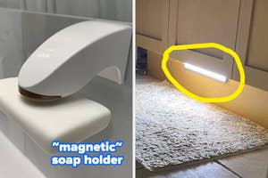 Magnetic soap holder next to a stick-on cabinet light above a rug, showcasing home convenience items