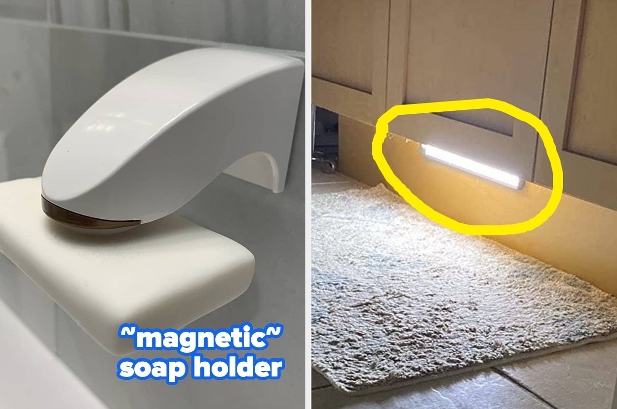 Magnetic soap holder next to a stick-on cabinet light above a rug, showcasing home convenience items