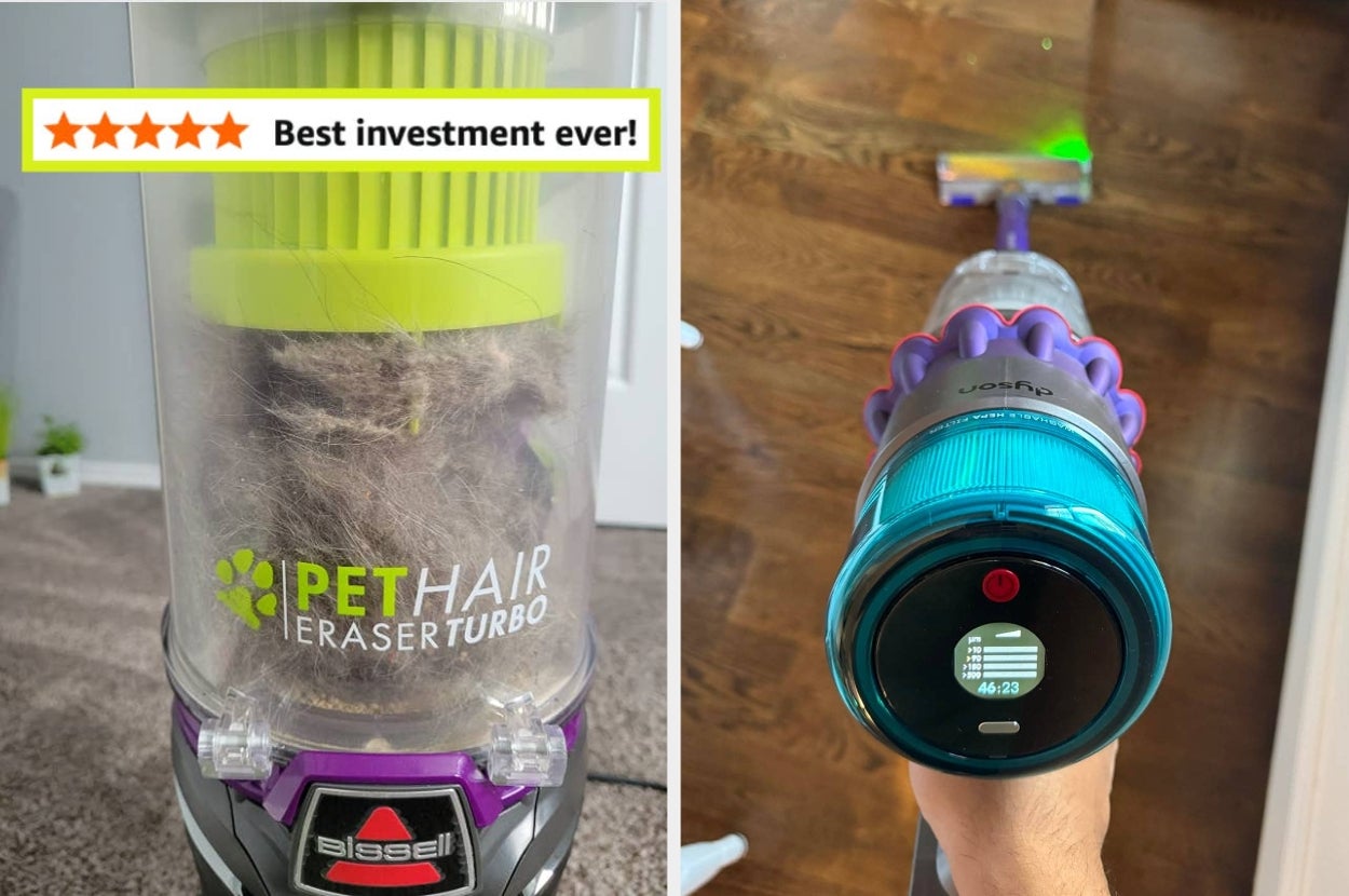 Two vacuum cleaners are shown, one labeled "Pet Hair Eraser Turbo" and another with a digital display, both effective for pet hair removal