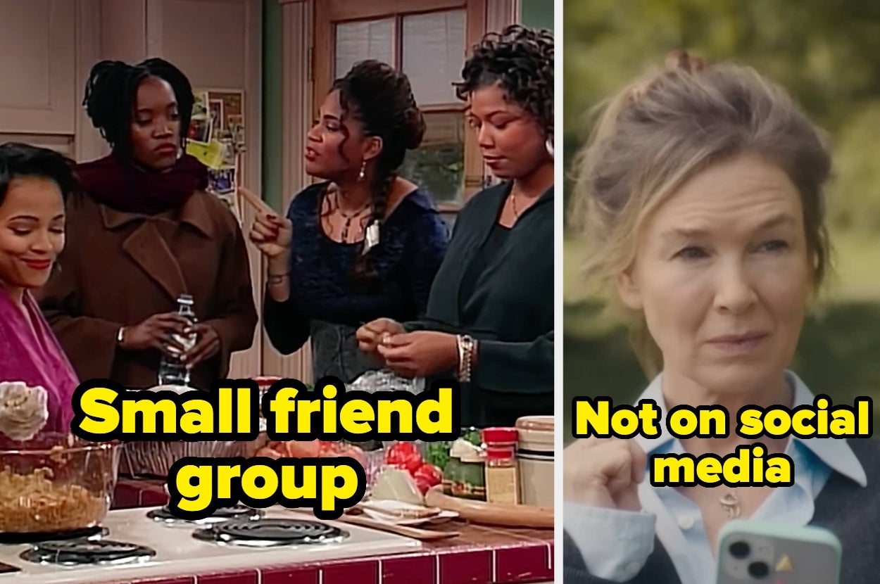 Split image: Left shows four women in a kitchen, captioned "Small friend group." Right shows a woman outdoors with a phone, captioned "Not on social media."