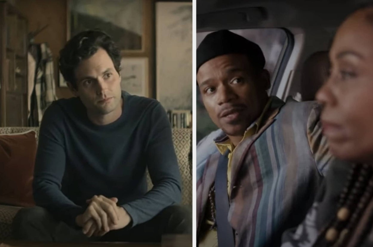 Two scenes from a film or TV show: left, a man sits on a couch; right, two people in a car, with the man wearing a striped jacket and cap