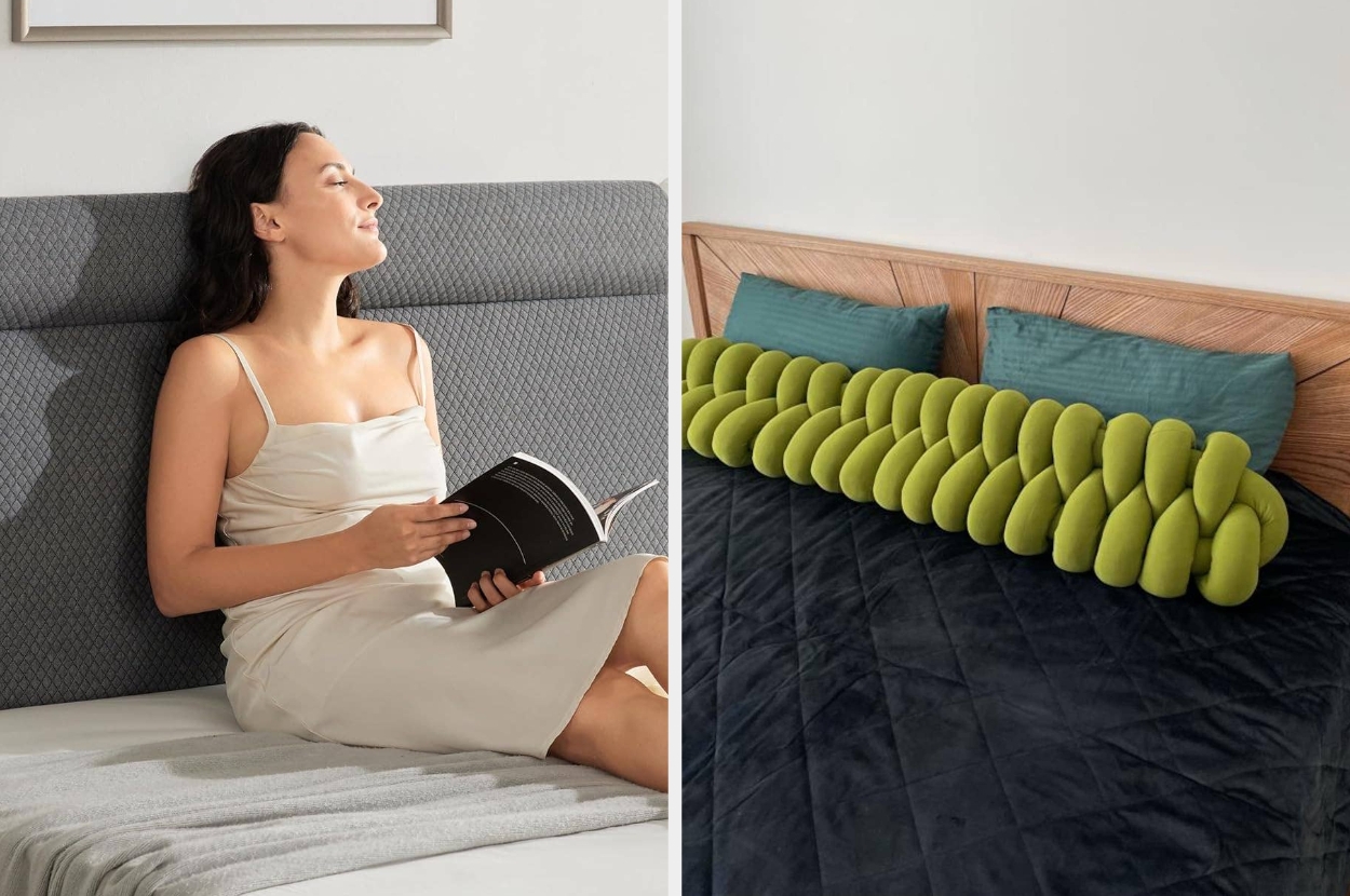 Left: A person in a slip dress reads on a bed leaning against a memory foam headboard pillow; Right: A bed with teal pillows and a long, plush knotted green bolster pillow