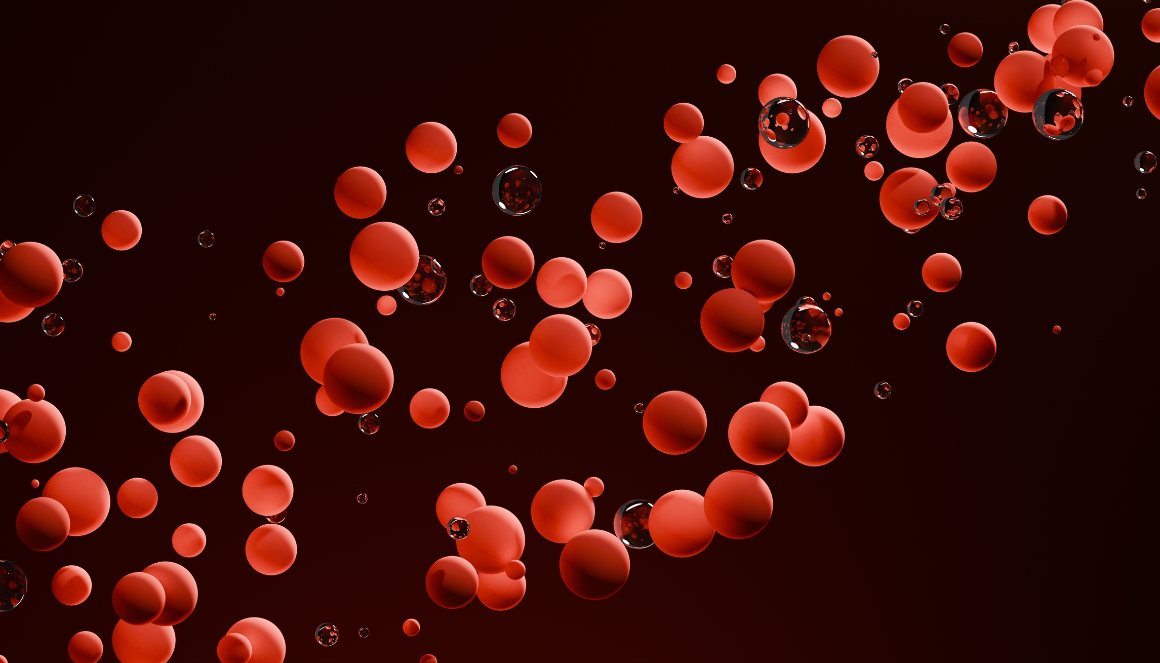 Røde og gjennomsiktige bobler i forskjellige størrelser flyter mot en mørk bakgrunn, og skaper en visuelt dynamisk og beroligende effekt