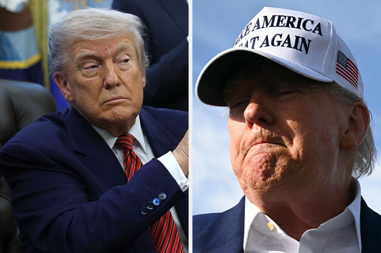 Two side-by-side photos of an unidentified individual, one formally dressed and one wearing a "Make America Great Again" hat