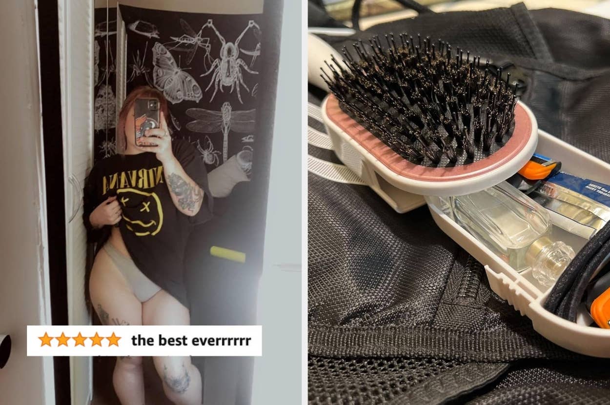 Person wearing oversized Nirvana shirt poses next to grooming kit with a hairbrush and small vials, accompanied by five-star "the best everrrrr" review