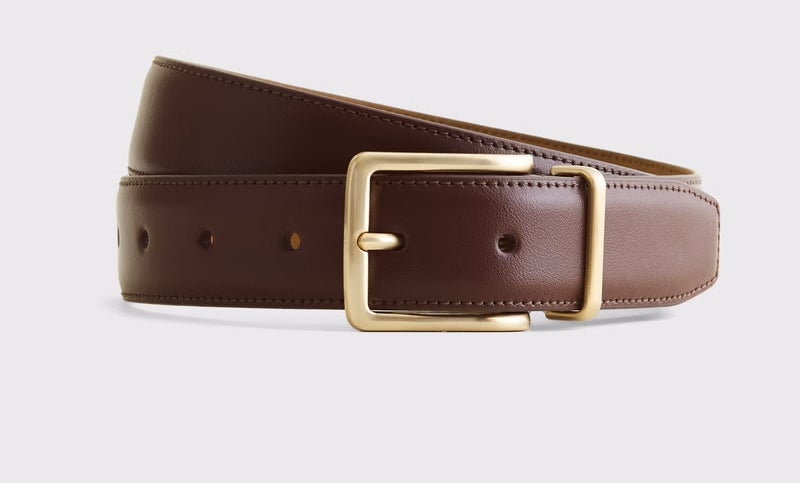 Brown leather belt with a rectangular gold buckle