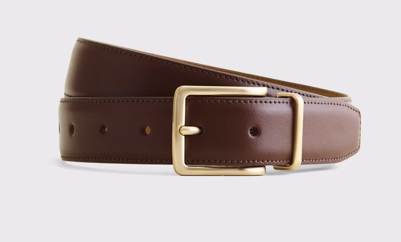 Brown leather belt with a rectangular gold buckle