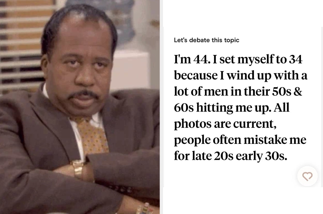 Man in a suit with an unimpressed expression beside text about adjusting age for dating to avoid older suitors