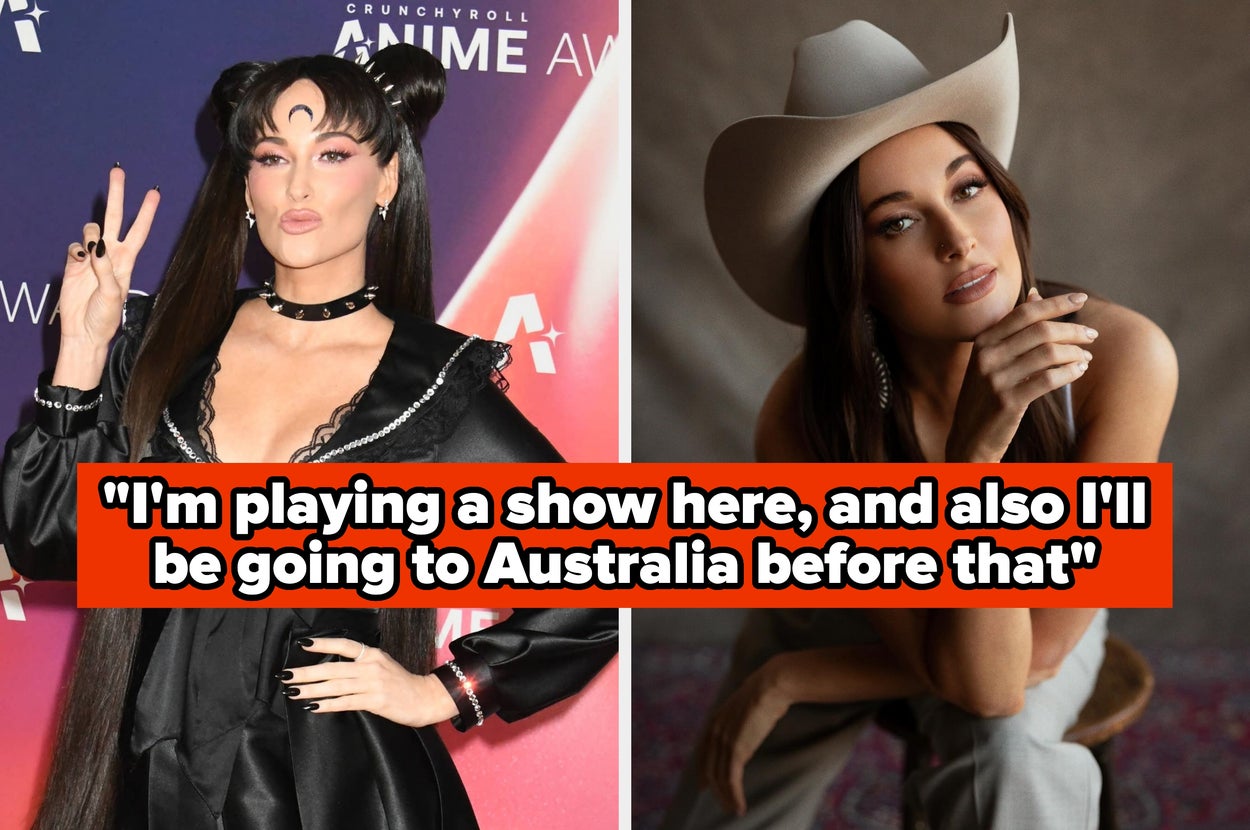 Left: Person in anime-inspired black outfit posing on a red carpet. Right: Person wearing a cowboy hat and neutral outfit sitting gracefully