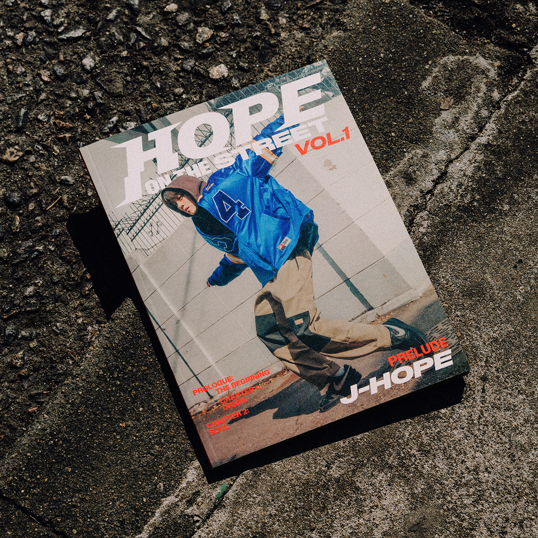 Magazine cover featuring a person in casual, urban clothing with "HOPE ON THE STREET VOL.1" and "J-HOPE" prominently displayed
