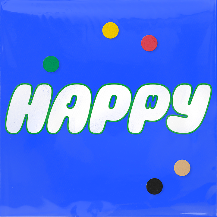 The image displays the word "HAPPY" in bold white letters with colored dots around it