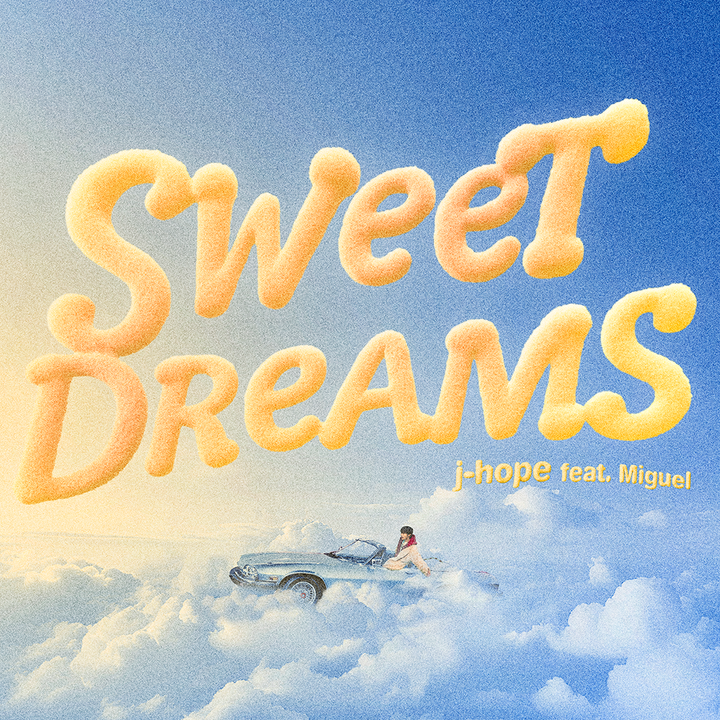 Text reads "Sweet Dreams, j-hope feat. Miguel" above a car on clouds with a person sitting on the hood