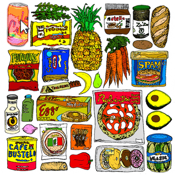 Illustration of various grocery items, including canned drinks, snacks, pineapple, carrots, Spam, soda, avocados, pickles, and more