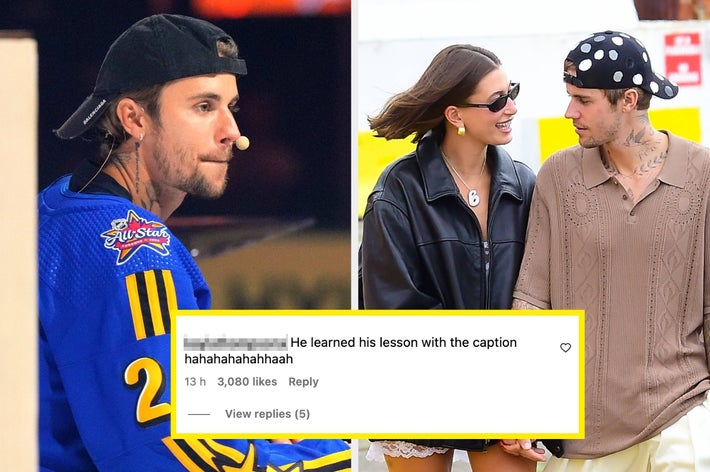 Left: Justin Bieber at an event. Right: Justin and Hailey walking outdoors. Screenshot of an Instagram comment poking fun at Justin's Instagram caption over the top