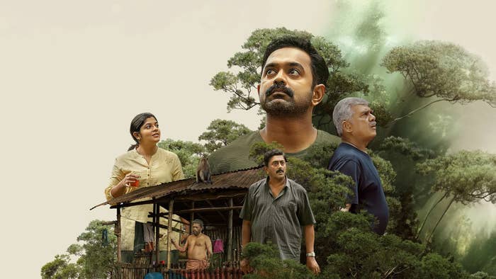 Collage of four people looking contemplative against a forest backdrop, with a rustic hut in the foreground