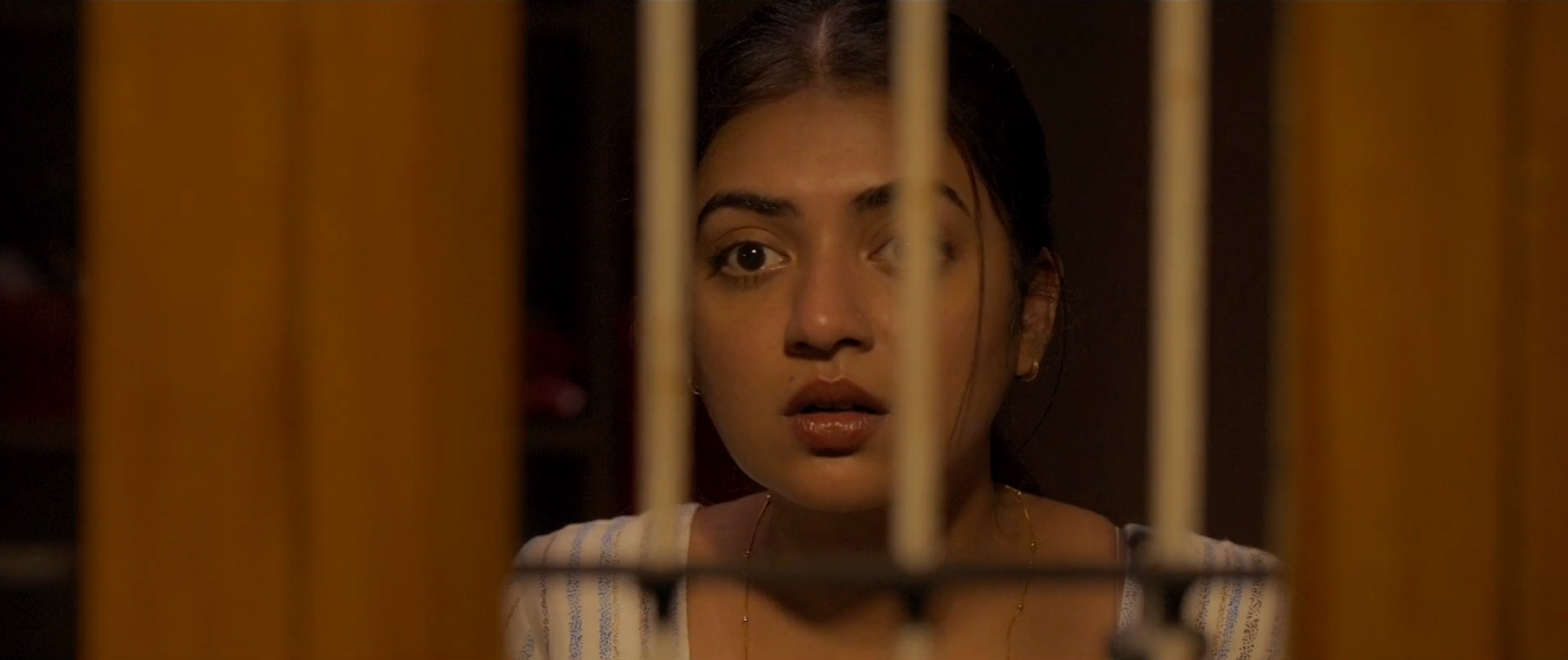 A woman with a surprised expression looks through window bars