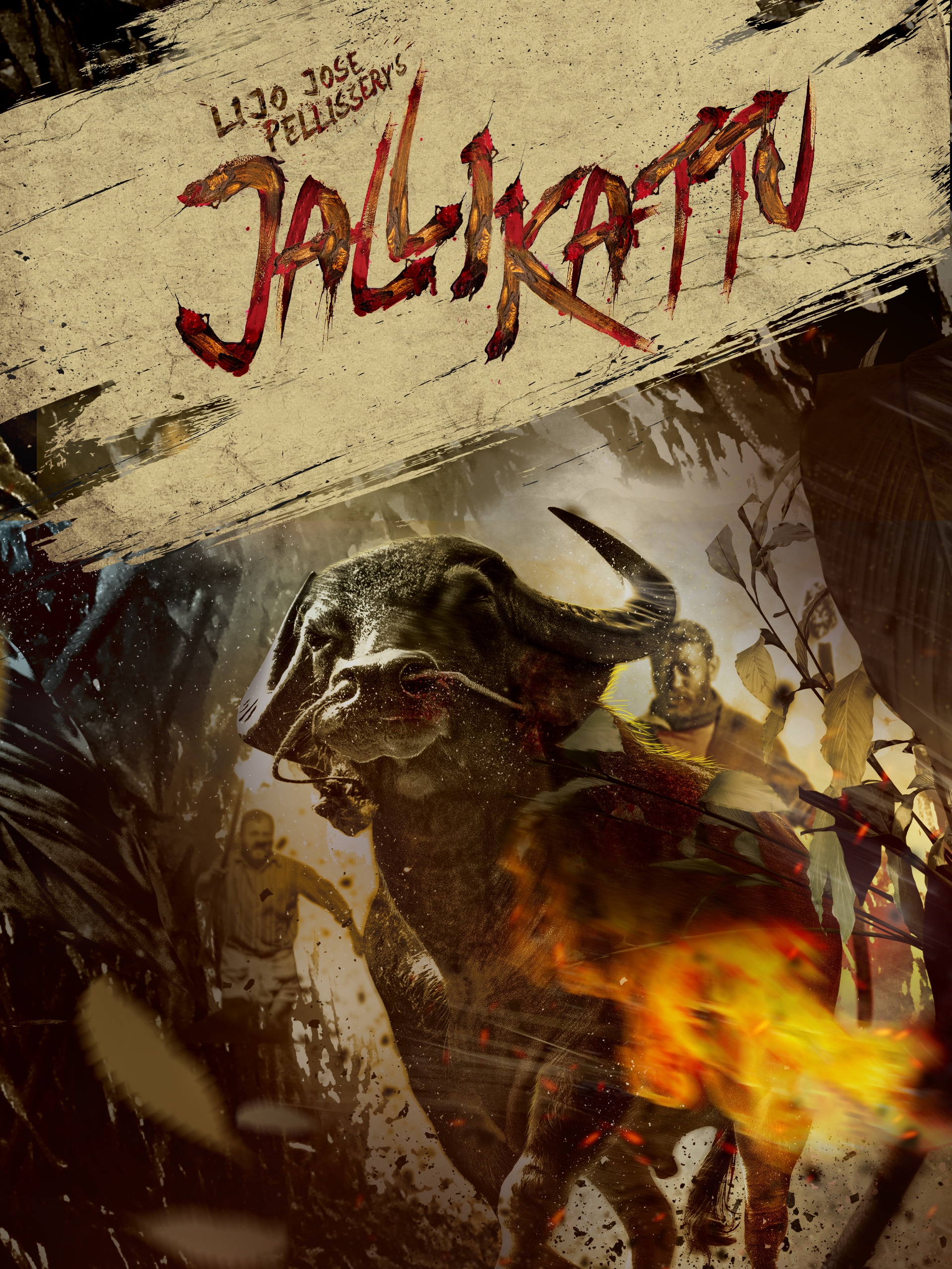 Movie poster for "Jallikattu" by Lijo Jose Pellissery, featuring a wild bull charging forward with people in pursuit