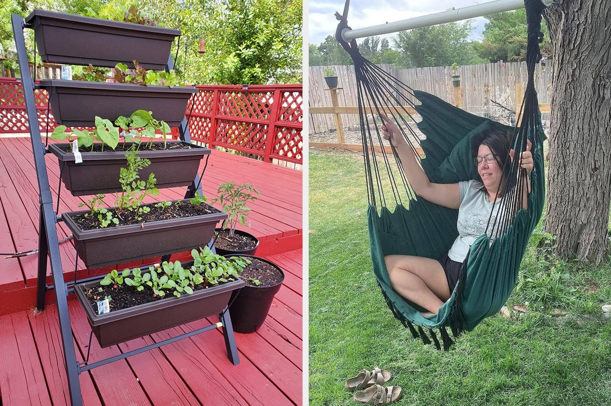 Left side shows an outdoor movie projector screen with a cartoon; Right side shows a person relaxing in a hammock chair under a tree