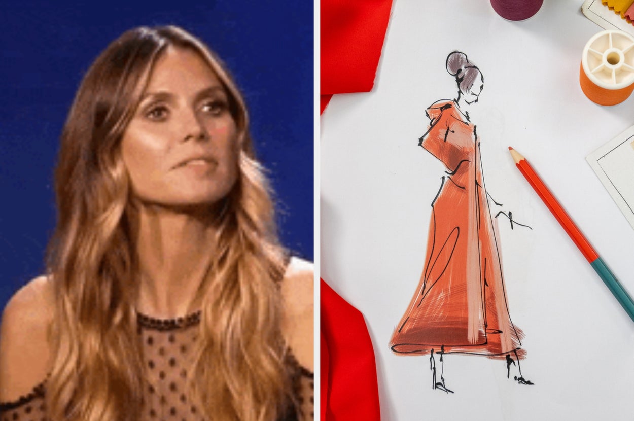 Left: Person in a sheer, polka-dot top. Right: Fashion sketch of a long dress, with threads and pencils nearby