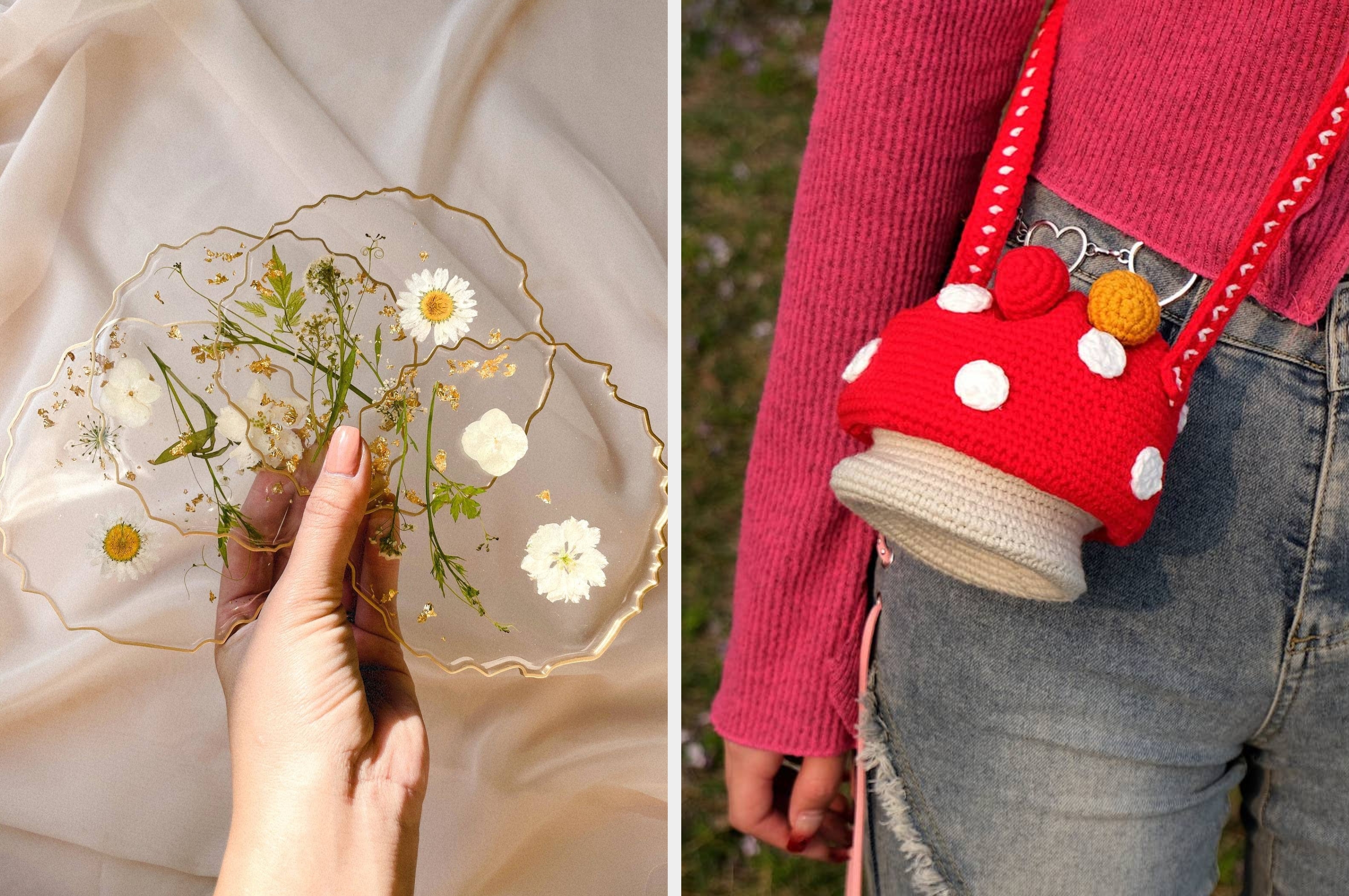 Stained glass book lamp on a table, and person with a red crochet mushroom bag over shoulder