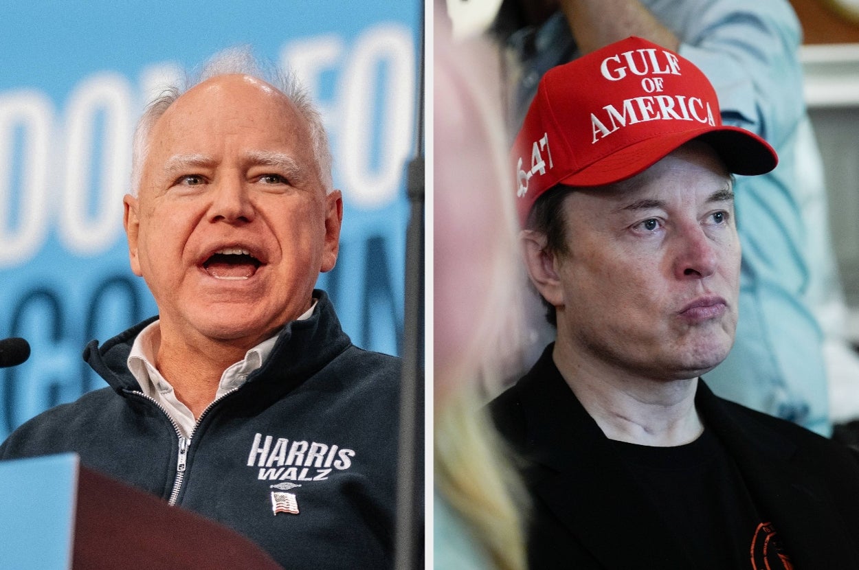 Split image: On the left, a man speaks at a podium. On the right, another man wears a red cap with white text