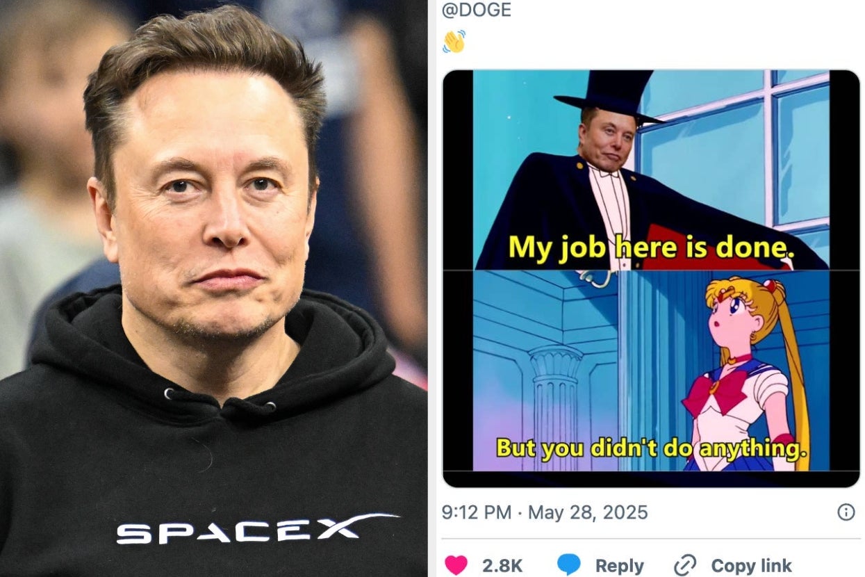 Left: Person in a SpaceX hoodie. Right: Meme with the same person in a tuxedo saying, "My job here is done." Sailor Moon replies, "But you didn't do anything."