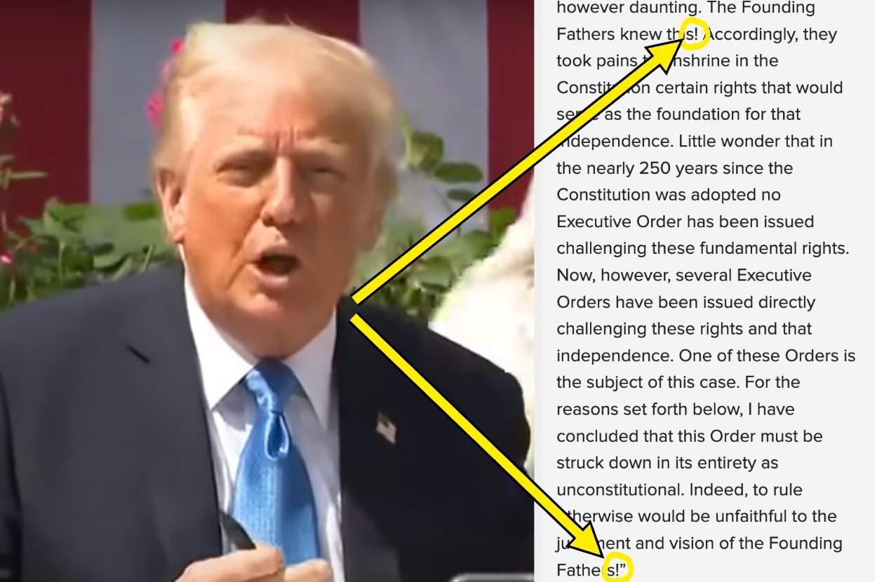 Donald Trump speaking outdoors; highlighted text discusses the intent of the Founding Fathers regarding constitutional rights and executive orders with exclamation marks circled and pointed to