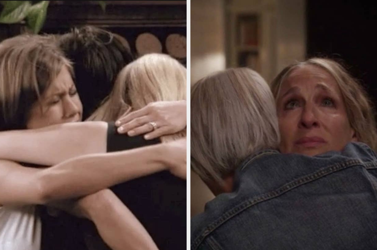 Two emotional hugging scenes from TV shows, featuring groups of friends in one and a close embrace between two people in the other